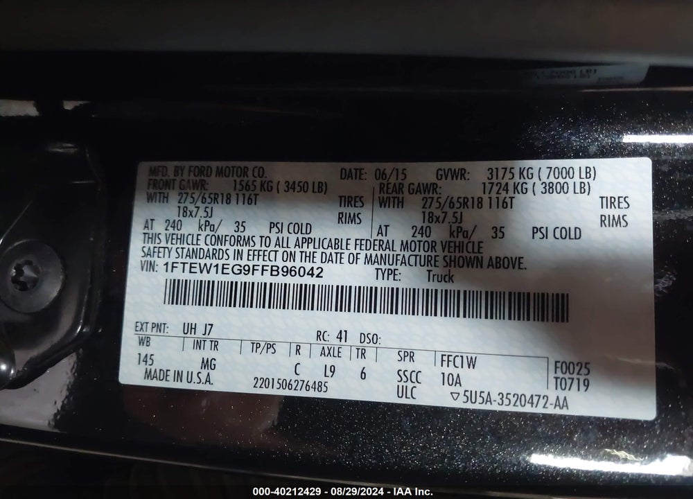 2015 FORD F-150 XLT VIN: 1FTEW1EG9FFB96042