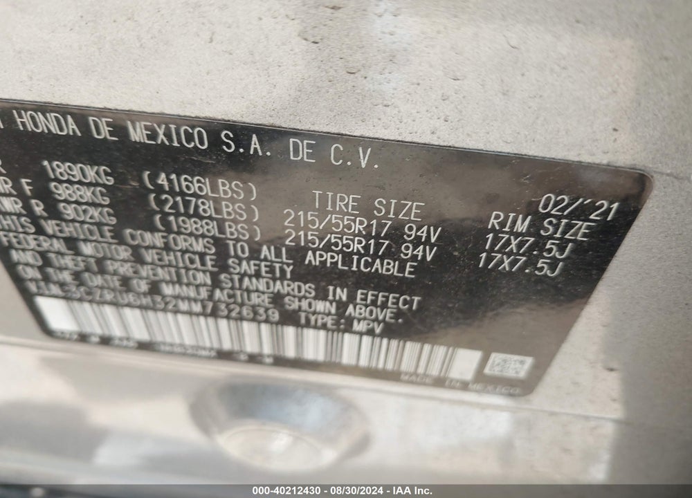 2021 HONDA HR-V AWD LX VIN: 3CZRU6H32MM732639