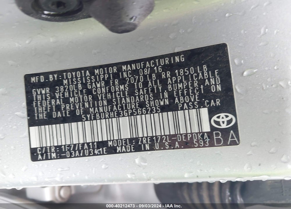 2016 TOYOTA COROLLA L VIN: 5YFBURHE3GP566235