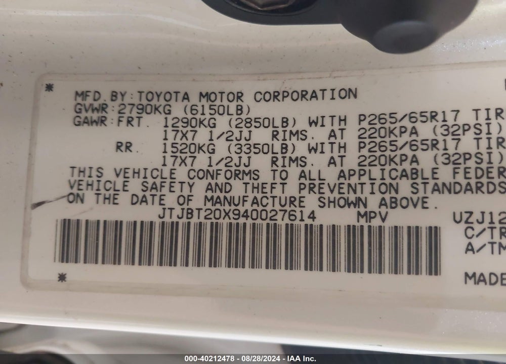 2004 LEXUS GX 470 VIN: JTJBT20X940027614