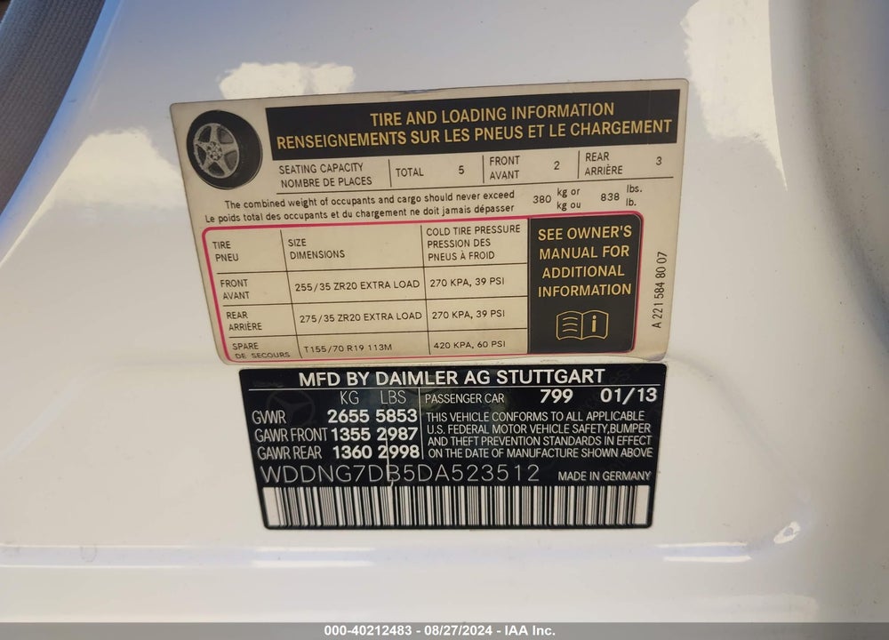 2013 MERCEDES-BENZ S 550 VIN: WDDNG7DB5DA523512