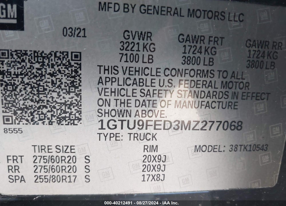 2021 GMC SIERRA 1500 VIN: 1GTU9FED3MZ277068