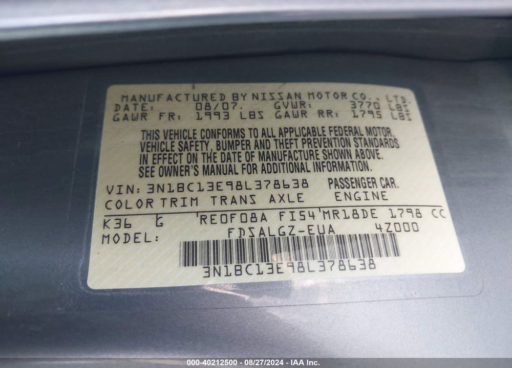 2008 NISSAN VERSA 1.8SL VIN: 3N1BC13E98L378638