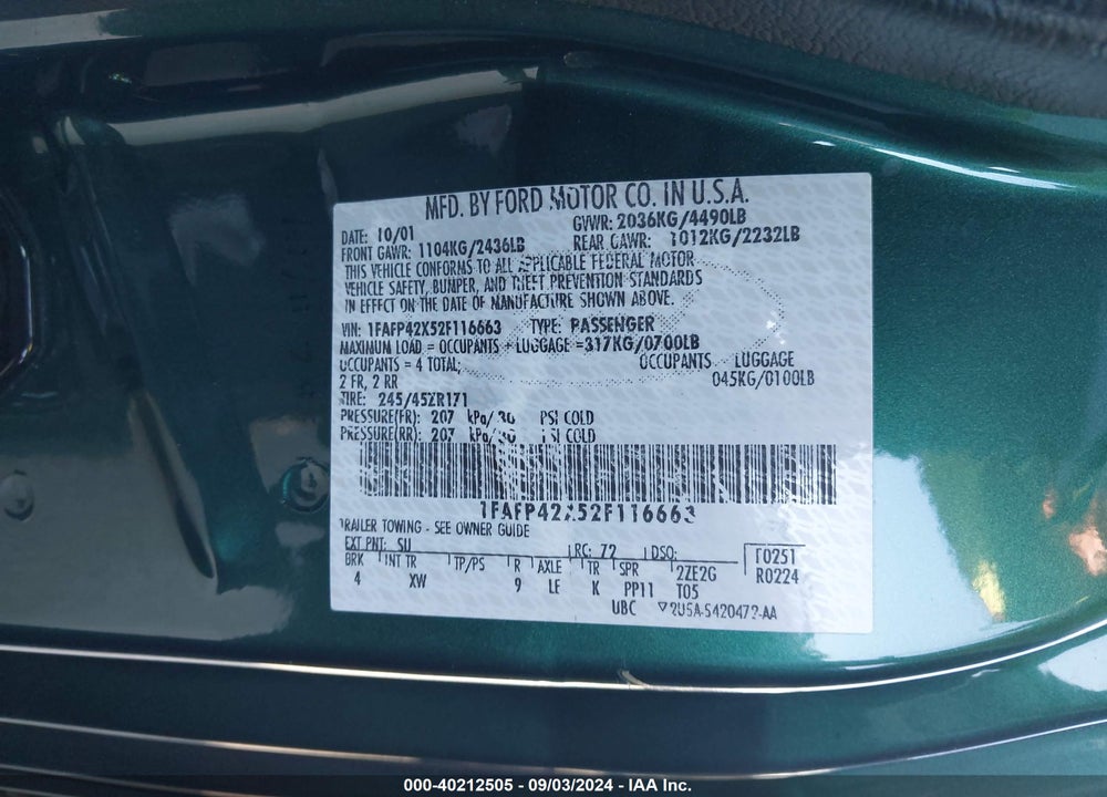 2002 FORD MUSTANG GT VIN: 1FAFP42X52F116663