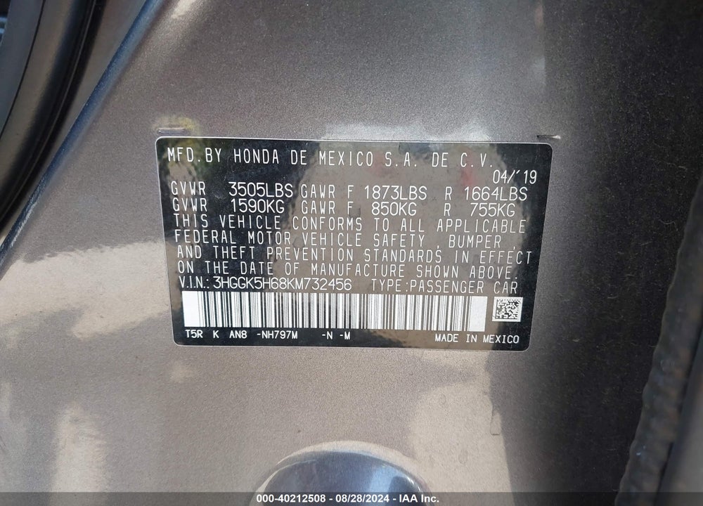 2019 HONDA FIT SPORT VIN: 3HGGK5H68KM732456