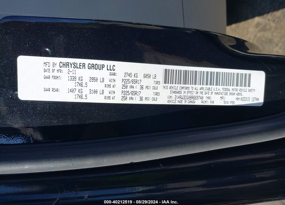 2011 VOLKSWAGEN ROUTAN SE VIN: 2V4RW3DG0BR669740