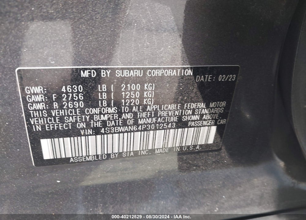 2023 SUBARU LEGACY LIMITED VIN: 4S3BWAN64P3012543