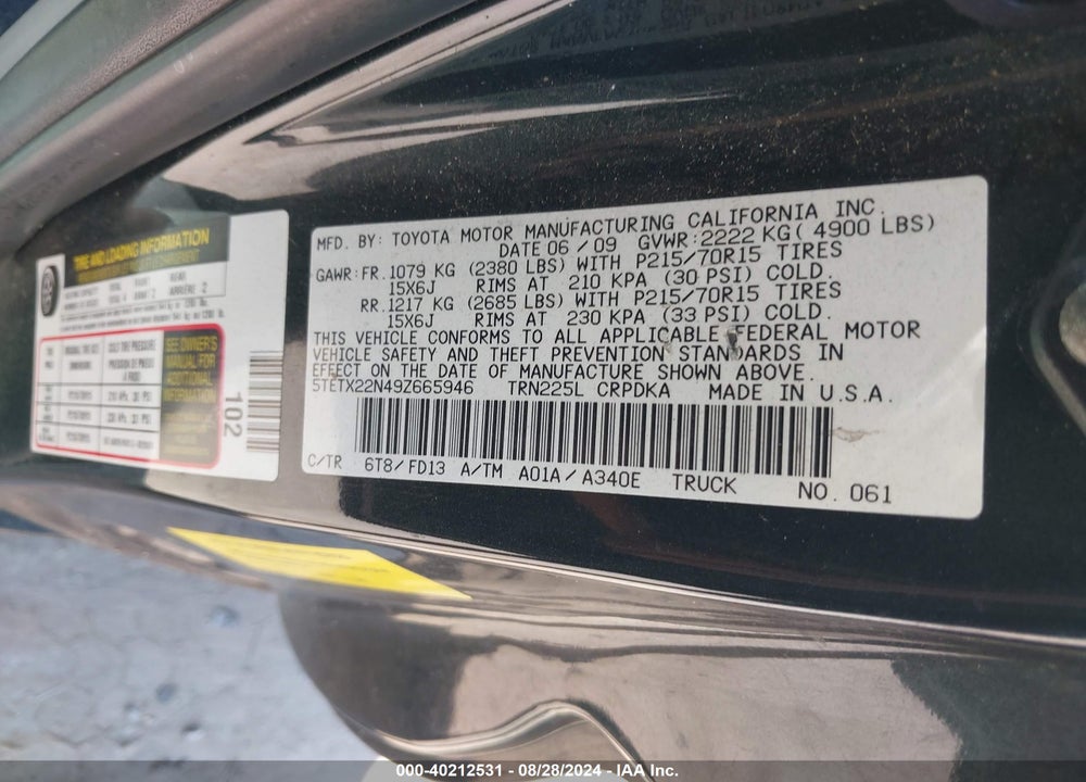 2009 TOYOTA TACOMA VIN: 5TETX22N49Z665946