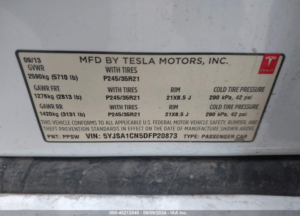2013 TESLA MODEL S VIN: 5YJSA1CN5DFP20873