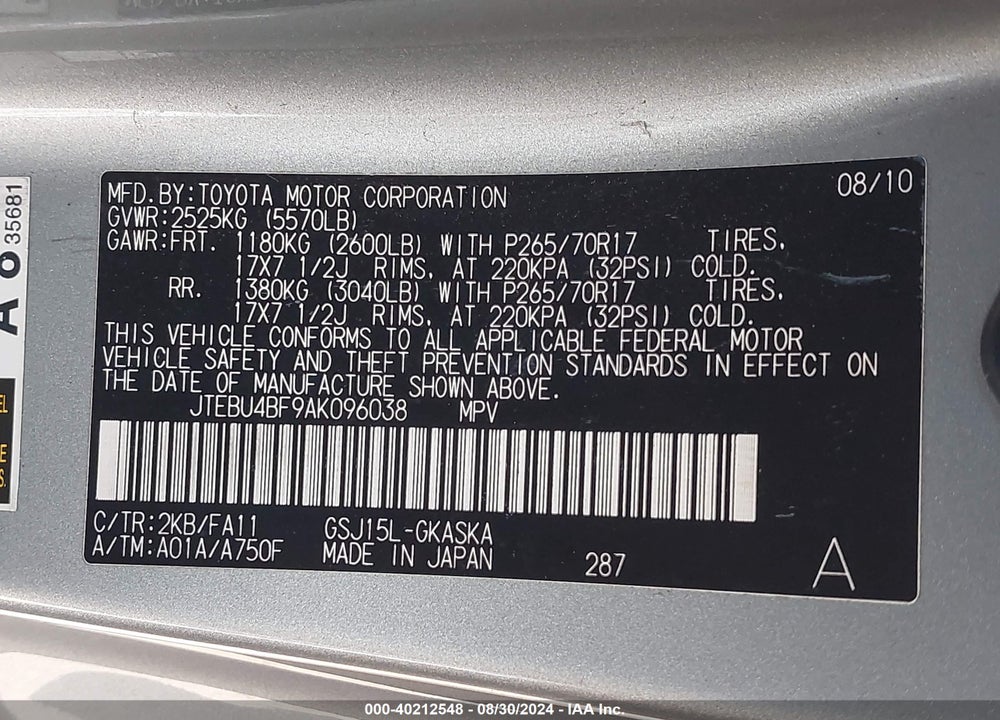 2010 TOYOTA FJ CRUISER VIN: JTEBU4BF9AK096038