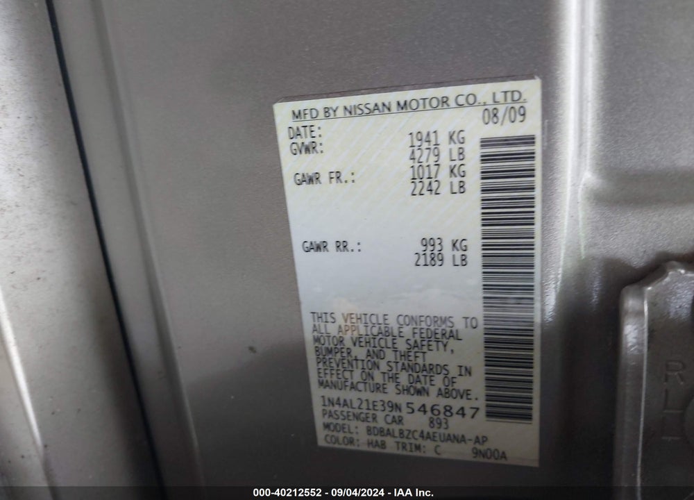 2009 NISSAN ALTIMA 2.5 S VIN: 1N4AL21E39N546847