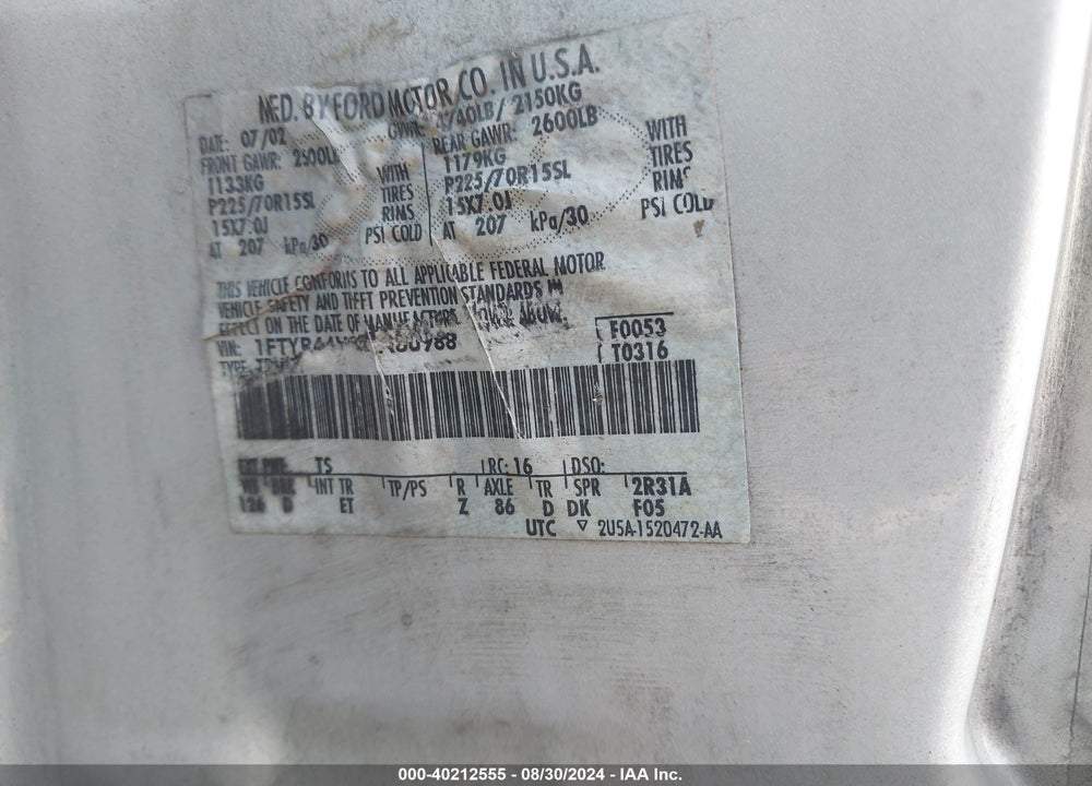 2002 FORD RANGER EDGE/TREMOR/XLT VIN: 1FTYR44V22TA80988