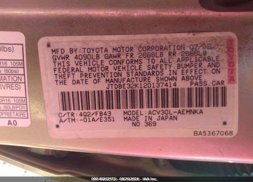 2002 TOYOTA CAMRY LE VIN: JTDBE32K120137414