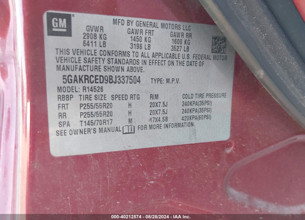 2011 BUICK ENCLAVE 2XL VIN: 5GAKRCED9BJ337504