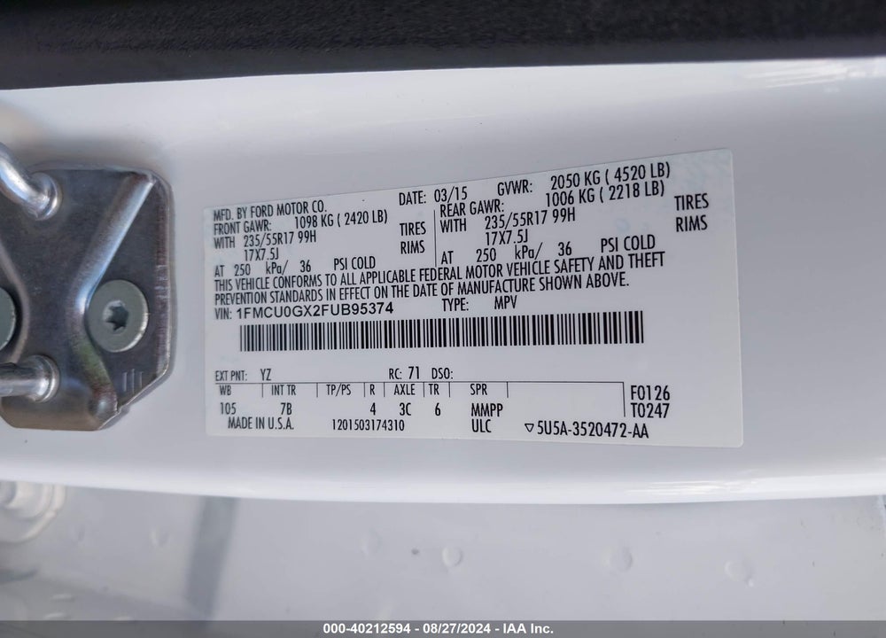 2015 FORD ESCAPE SE VIN: 1FMCU0GX2FUB95374