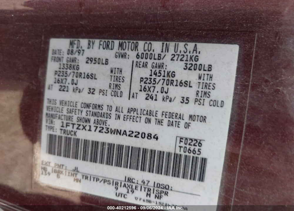 1998 FORD F-150 STANDARD/XL/XLT VIN: 1FTZX1723WNA22084