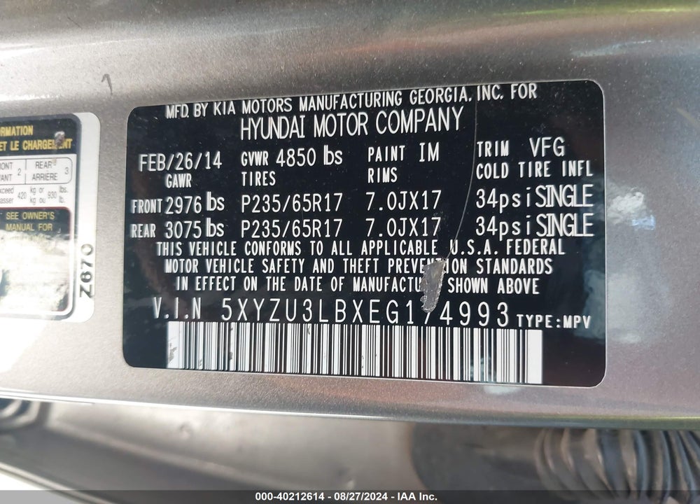 2014 HYUNDAI SANTA FE SPORT 2.4L VIN: 5XYZU3LBXEG174993