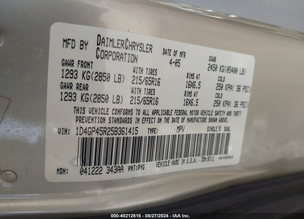 2005 DODGE CARAVAN SXT VIN: 1D4GP45R25B361415