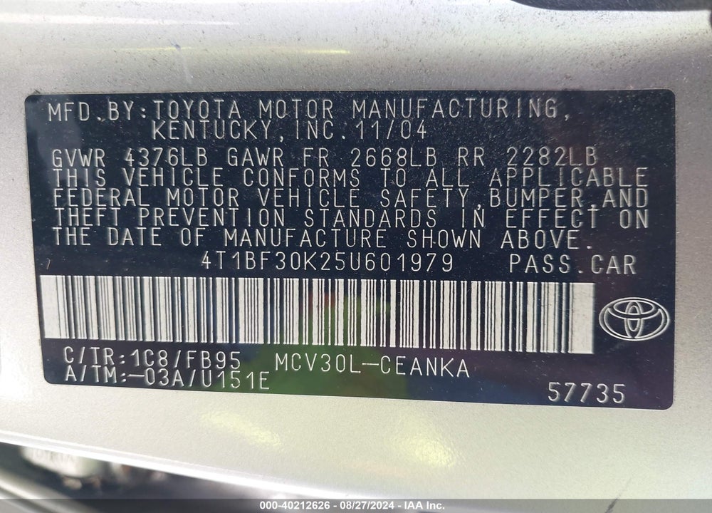 2005 TOYOTA CAMRY LE V6 VIN: 4T1BF30K25U601979