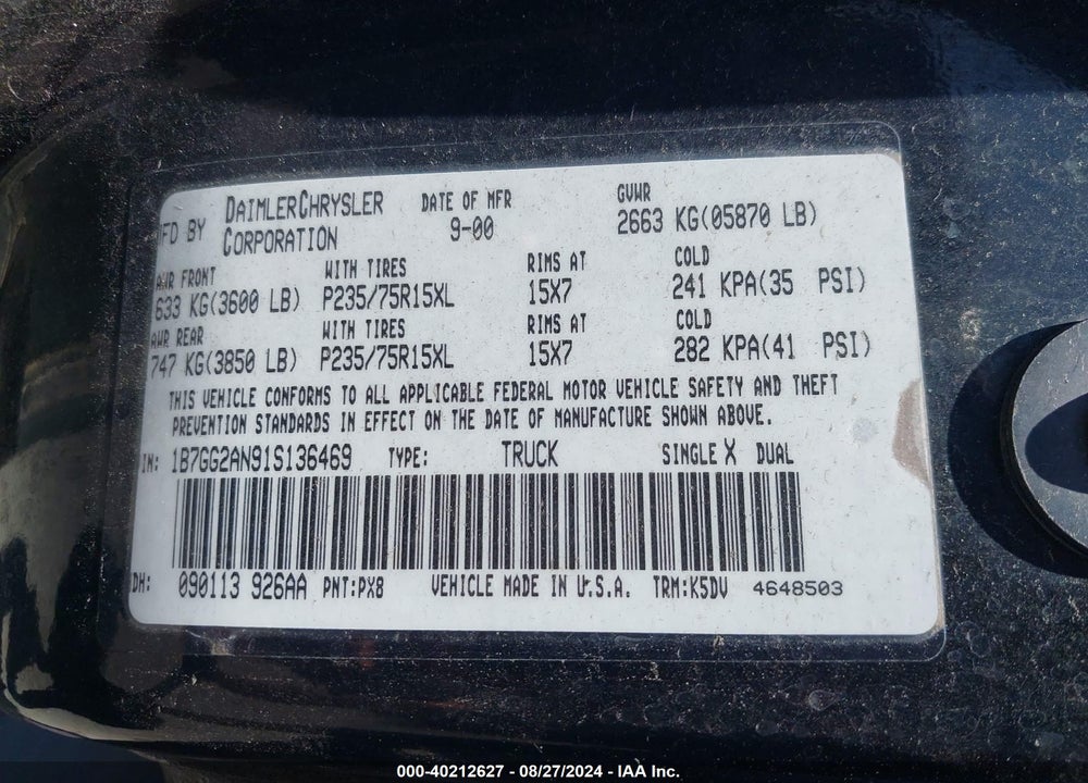 2001 DODGE DAKOTA SLT/SPORT VIN: 1B7GG2AN91S136469