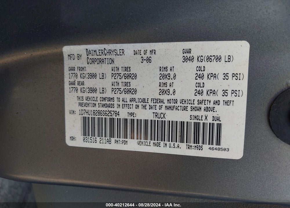 2006 DODGE RAM 1500 SLT/TRX4 OFF ROAD/SPORT VIN: 1D7HU18286S625784