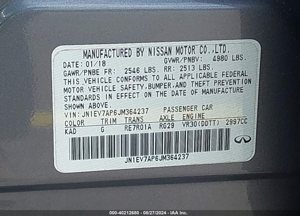 2018 INFINITI Q50 3.0T LUXE VIN: JN1EV7AP6JM364237