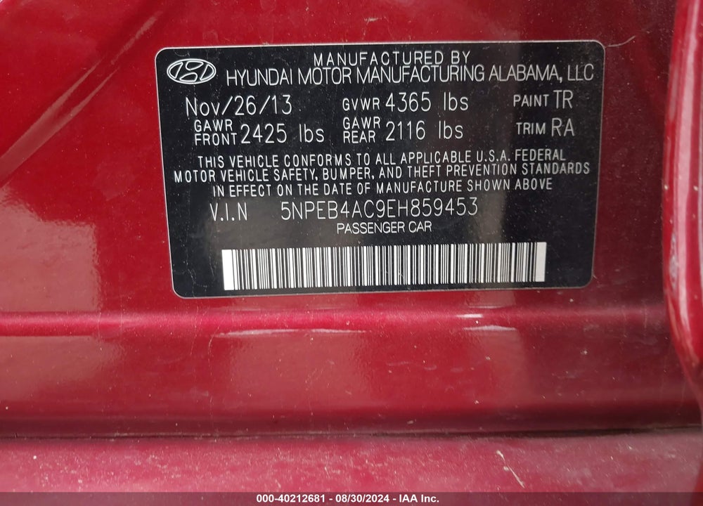 2014 HYUNDAI SONATA GLS VIN: 5NPEB4AC9EH859453