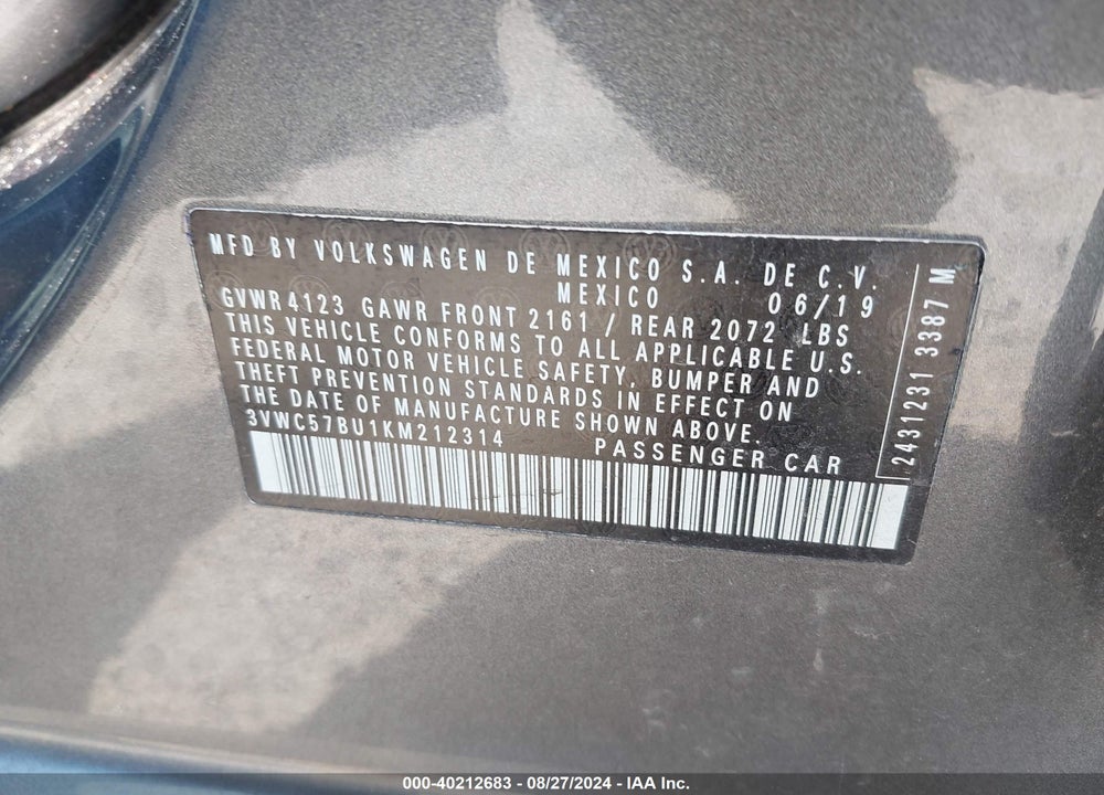 2019 VOLKSWAGEN JETTA 1.4T R-LINE/1.4T S/1.4T SE VIN: 3VWC57BU1KM212314
