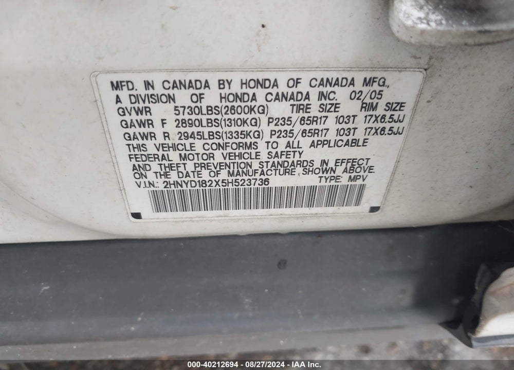 2005 ACURA MDX VIN: 2HNYD182X5H523736
