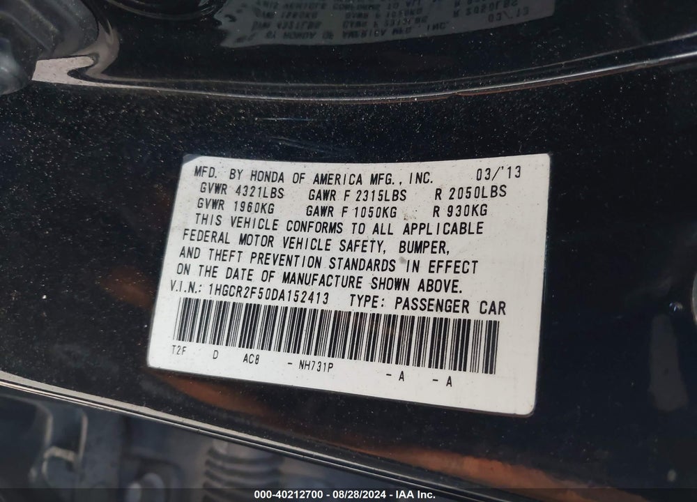 2013 HONDA ACCORD SPORT VIN: 1HGCR2F50DA152413