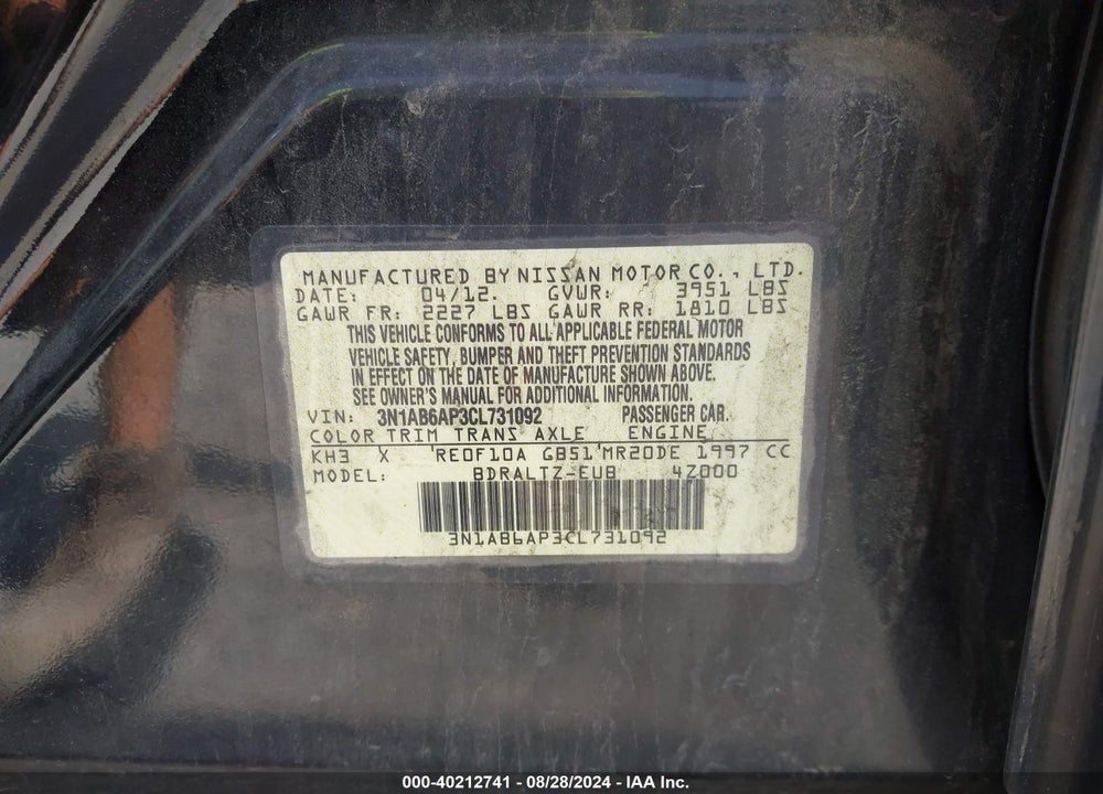 2012 NISSAN SENTRA VIN: 3N1AB6AP3CL731092