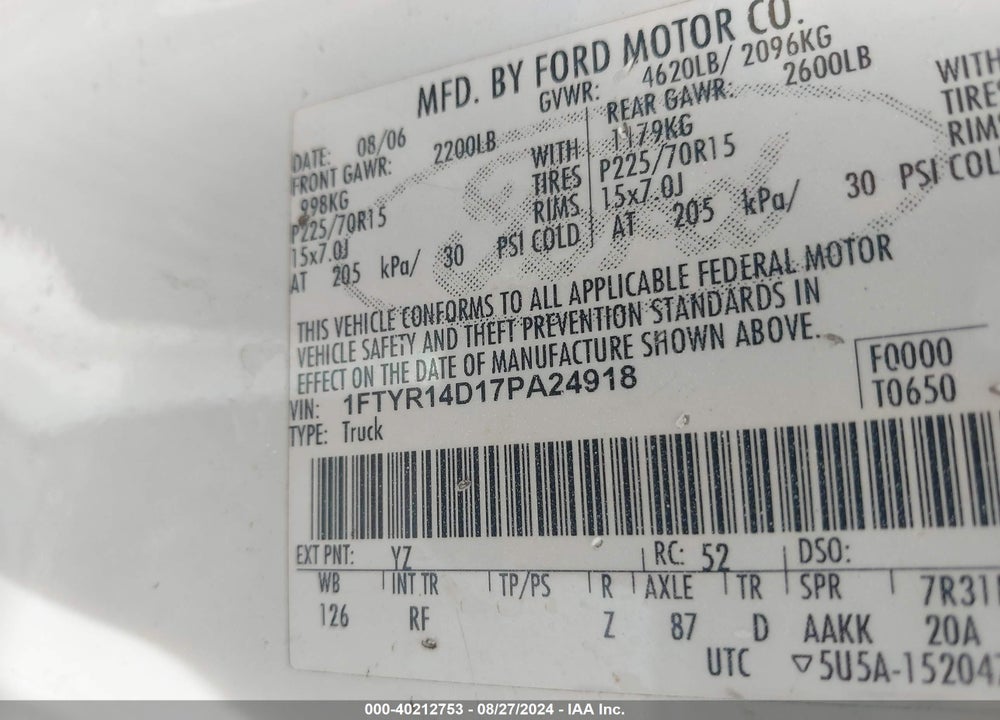2007 FORD RANGER STX/XL/XLT VIN: 1FTYR14D17PA24918