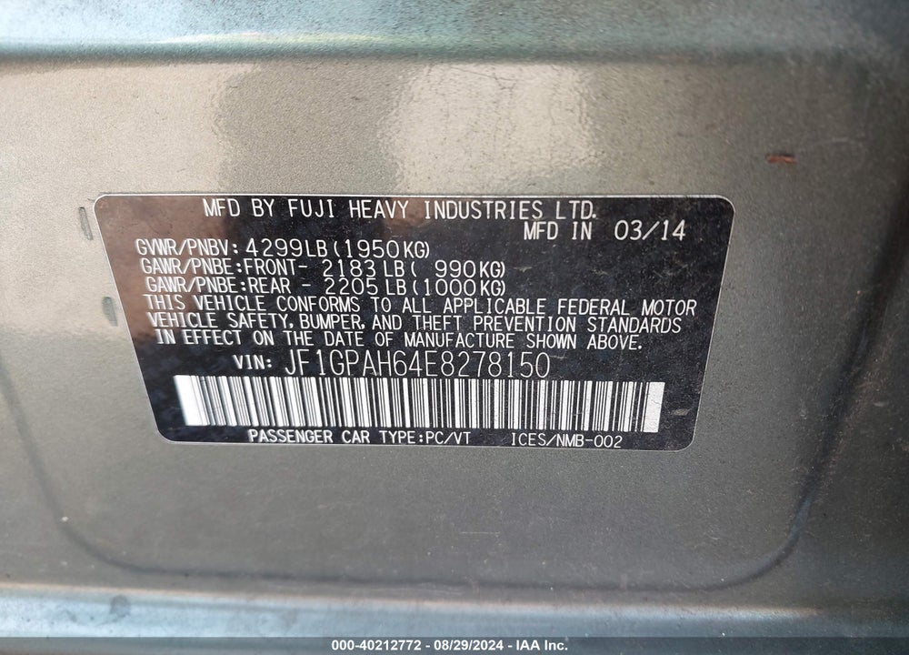 2014 SUBARU IMPREZA 2.0I LIMITED VIN: JF1GPAH64E8278150