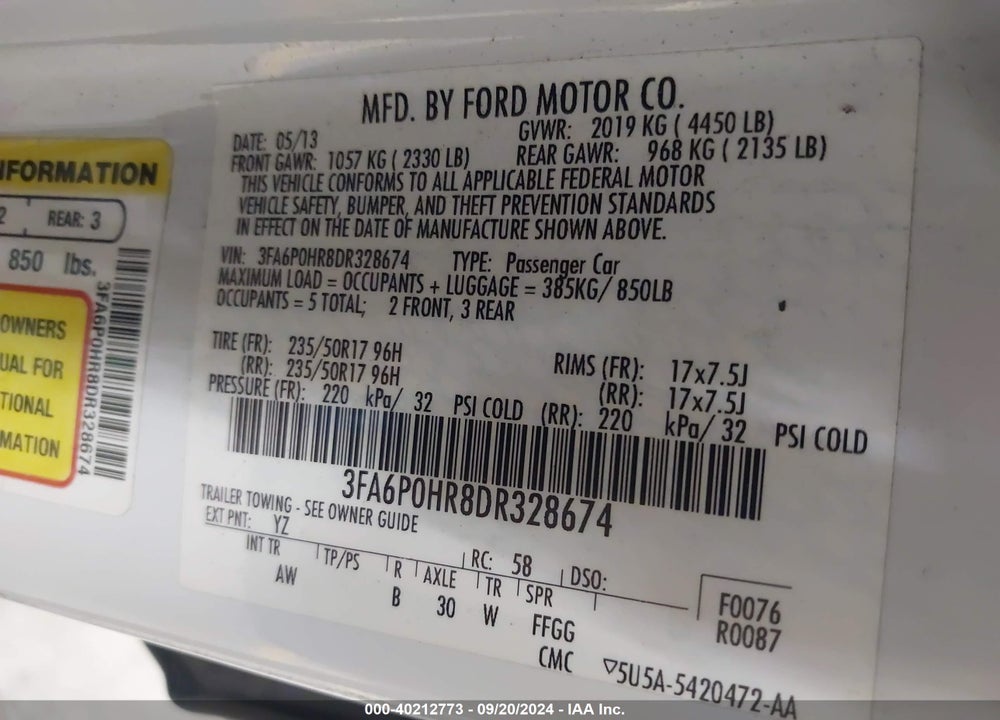 2013 FORD FUSION SE VIN: 3FA6P0HR8DR328674