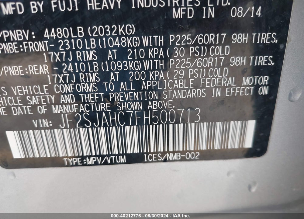 2015 SUBARU FORESTER 2.5I LIMITED VIN: JF2SJAHC7FH500713