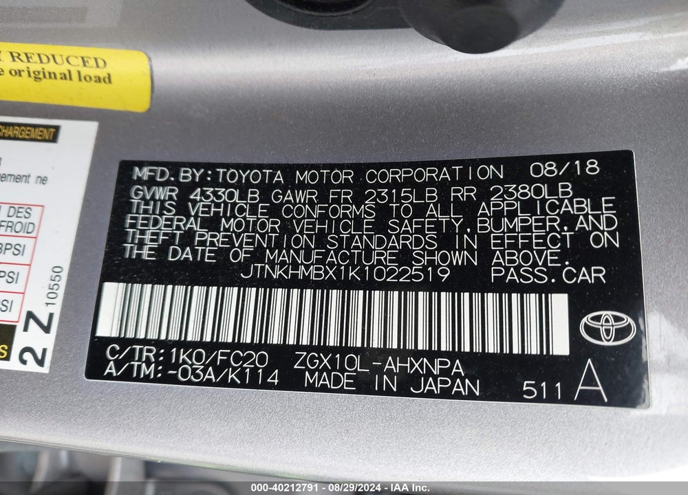 2019 TOYOTA C-HR LE VIN: JTNKHMBX1K1022519