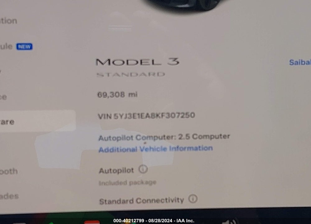 2019 TESLA MODEL 3 LONG RANGE/MID RANGE/STANDARD RANGE/STANDARD RANGE PLUS VIN: 5YJ3E1EA8KF307250