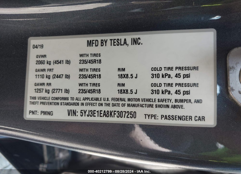 2019 TESLA MODEL 3 LONG RANGE/MID RANGE/STANDARD RANGE/STANDARD RANGE PLUS VIN: 5YJ3E1EA8KF307250
