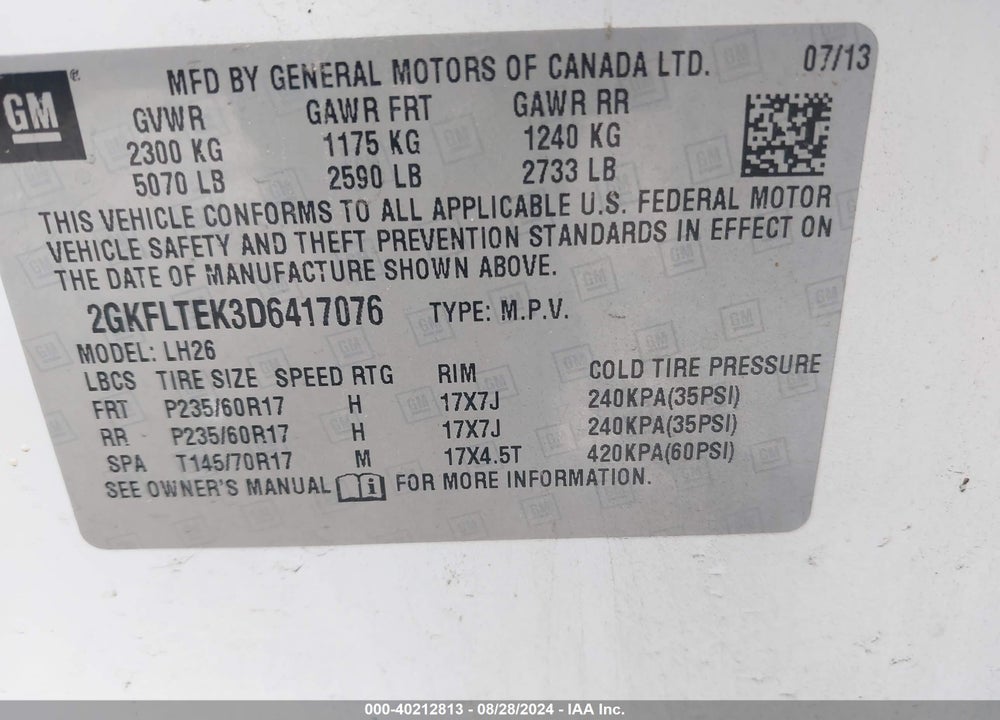 2013 GMC TERRAIN SLE-2 VIN: 2GKFLTEK3D6417076