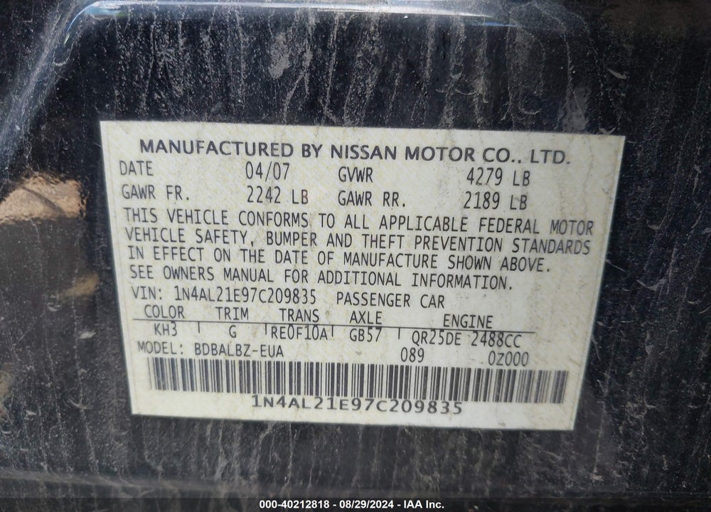 2007 NISSAN ALTIMA 2.5 S VIN: 1N4AL21E97C209835