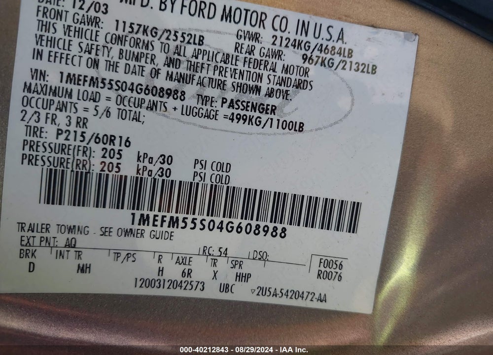 2004 MERCURY SABLE LS PREMIUM VIN: 1MEFM55S04G608988