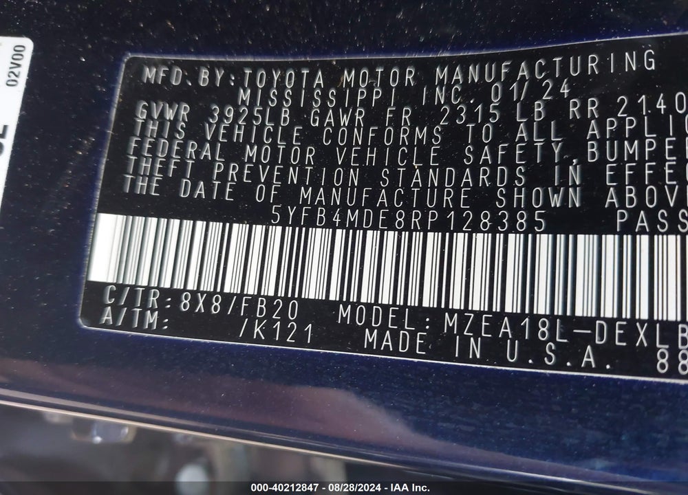 2024 TOYOTA COROLLA VIN: 5YFB4MDE8RP128385