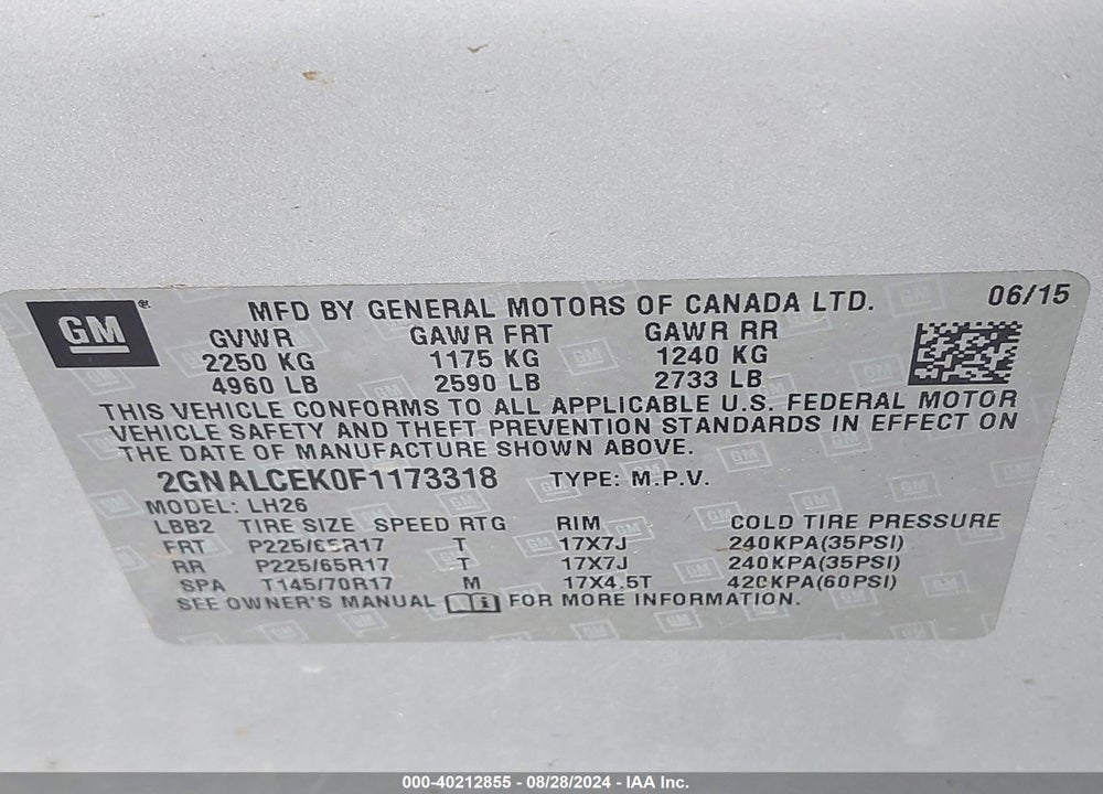 2015 CHEVROLET EQUINOX 2LT VIN: 2GNALCEK0F1173318