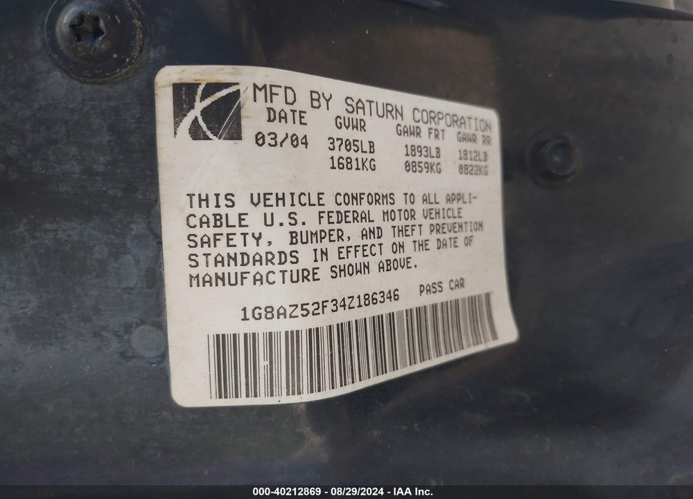 2004 SATURN ION 2 VIN: 1G8AZ52F34Z186346