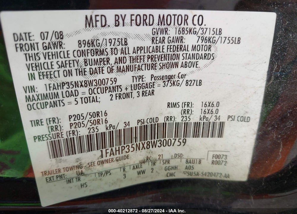 2008 FORD FOCUS SE/SES VIN: 1FAHP35NX8W300759