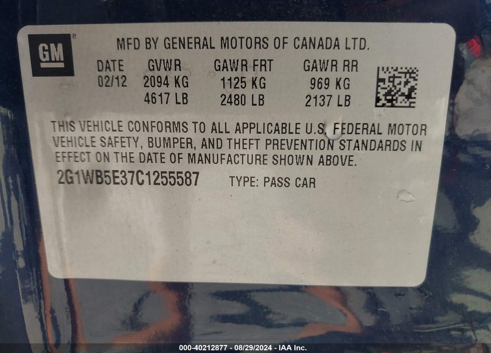 2012 CHEVROLET IMPALA LT VIN: 2G1WB5E37C1255587