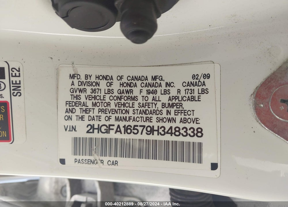 2009 HONDA CIVIC LX VIN: 2HGFA16579H348338