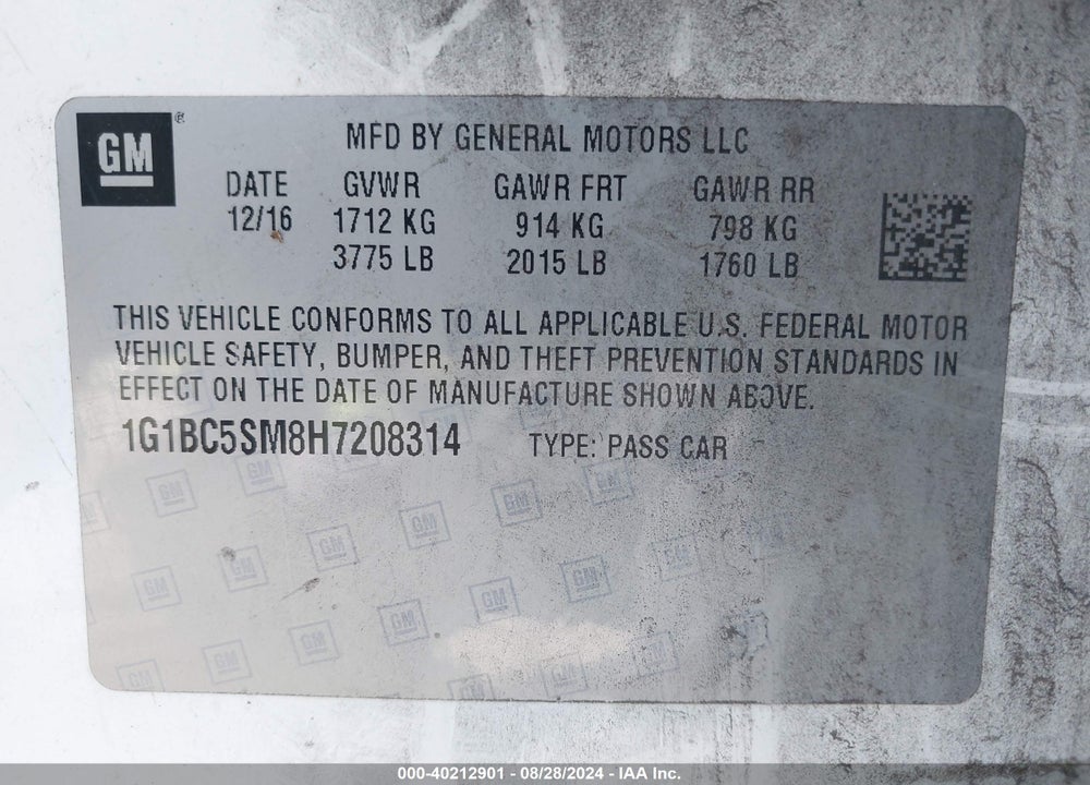 2017 CHEVROLET CRUZE VIN: 1G1BC5SM8H7208314