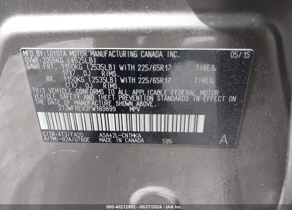 2015 TOYOTA RAV4 XLE VIN: 2T3WFREV2FW189899