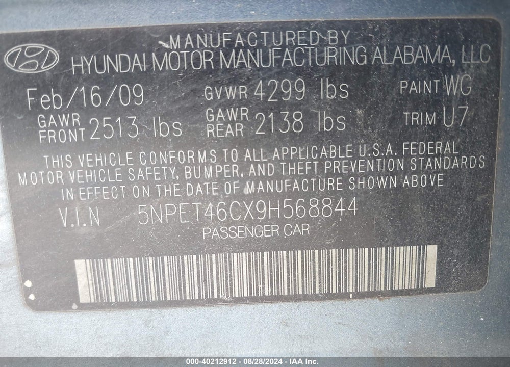 2009 HYUNDAI SONATA VIN: 5NPET46CX9H568844